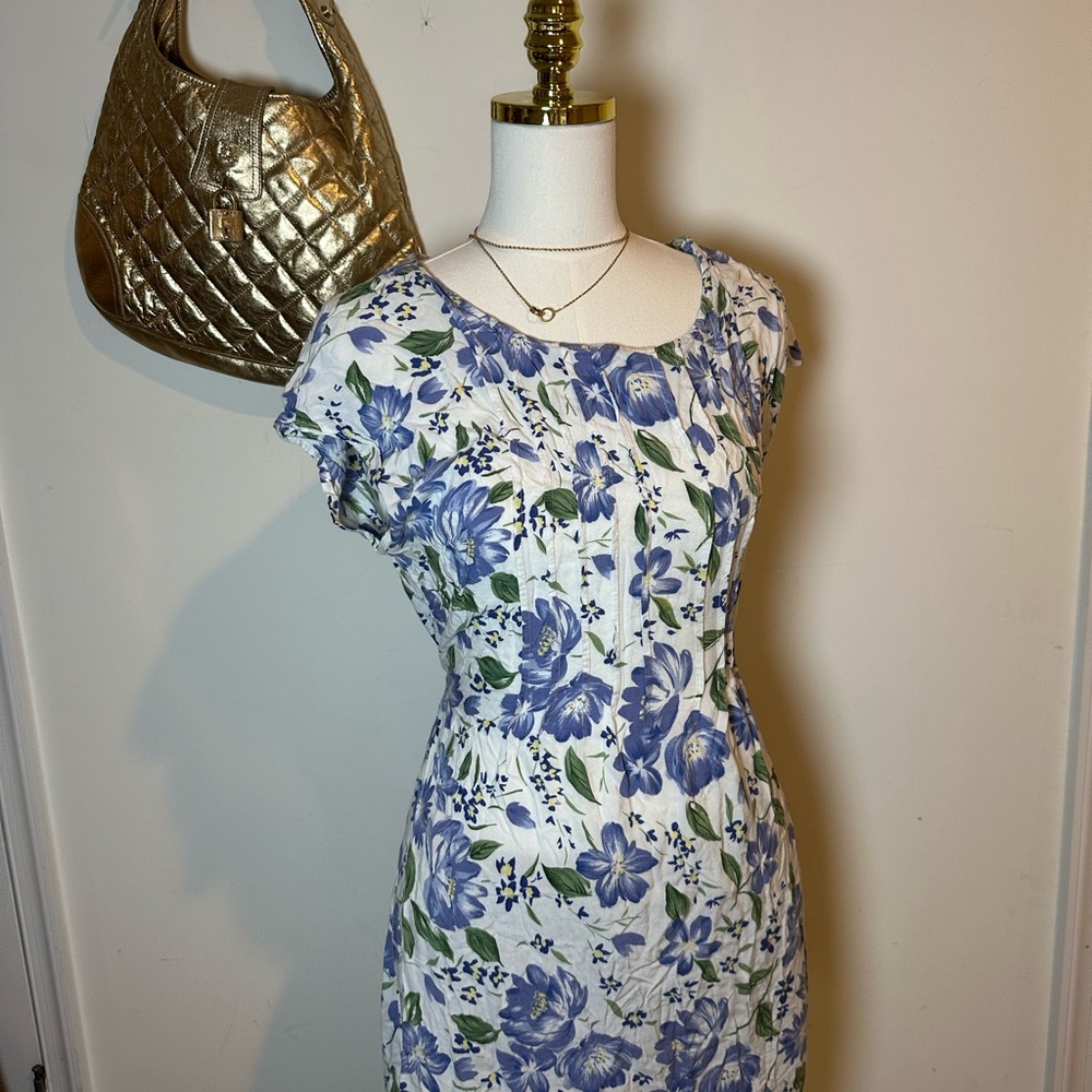 90s Floral Blue and White Dress